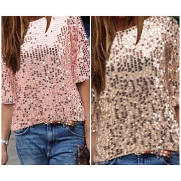 off shoulder sequin top rose gold